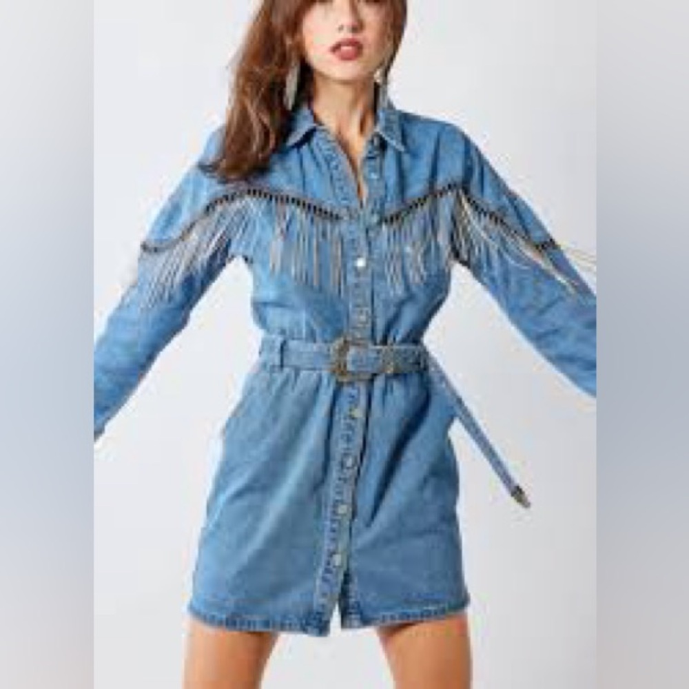 Scully Blue Denim Shirt Dress with Rhinestone Fringe